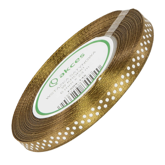 Wstążka satynowa w kropki 6 mm - złota 145 - 23 m - dekoracyjna tasiemka