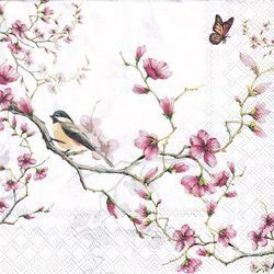 Serwetka 33x33cm - Bird & Blossom White ptaszek na gałązce jabłoni