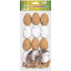 Jajka styropianowe nakrapiane 5,5cm z piórkami i paskami papierowymi 12 szt