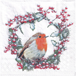 Serwetka 33x33cm -  Robin in wreath rudzik wianek