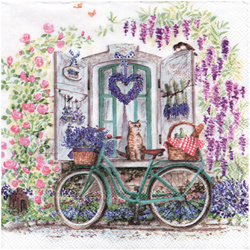 Serwetka do decoupage 33x33cm - Bike with basket rowek z koszykiem lawenda