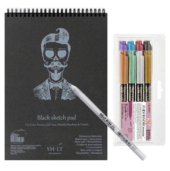 Blok A5 165g 20 arkuszy Black SketchPad SM-LT + markery metaliczne + gelly roll