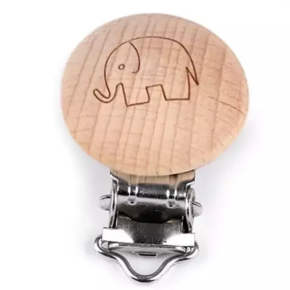 Klips metalowy z drewnianą ozdobą zawieszka do smoczka 13mm - słoń