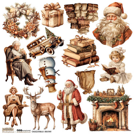 Naklejki papierowe - ScrapLove - Christmas Brown Set 1 Mikołaj kominek prezenty