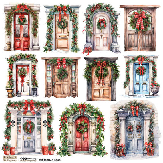 Naklejki papierowe - ScrapLove - Christmas Door 1 drzwi ze świątecznymi wiankami