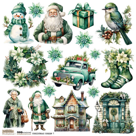 Naklejki papierowe - ScrapLove - Christmas Green Set 1 Mikołaj wianek samochód