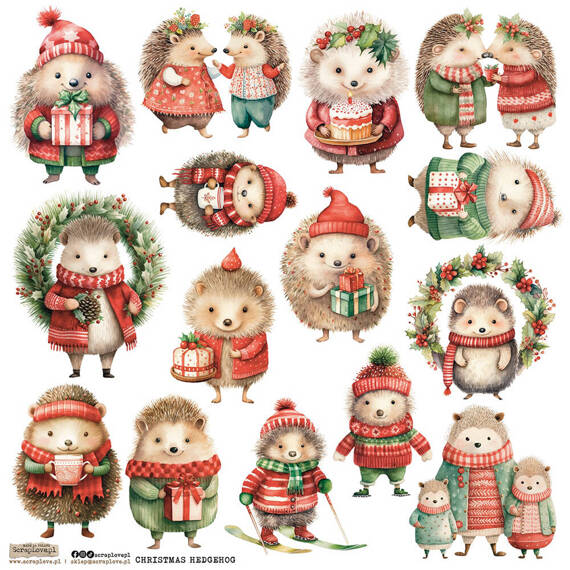 Naklejki papierowe - ScrapLove - Christmas Hedgehog świąteczne jeżyki1