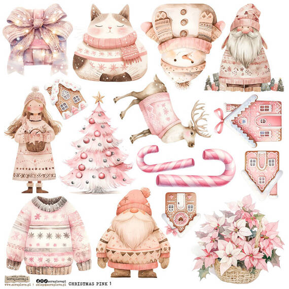 Naklejki papierowe - ScrapLove - Christmas Pink Set 1 Mikołaj choinka sweter prezent