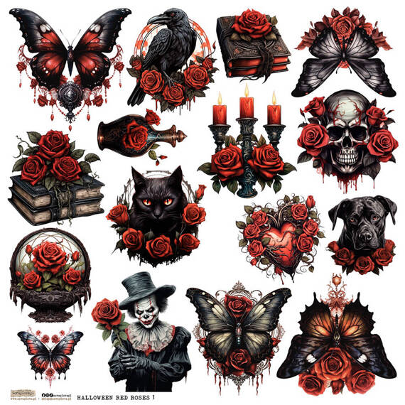 Naklejki papierowe - ScrapLove - Halloween Red Roses 1 czerwone róże czaszka motyl