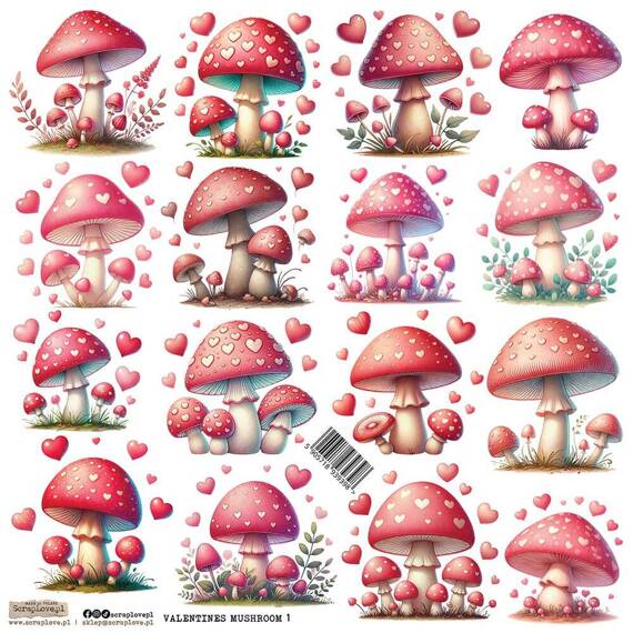 Naklejki papierowe - ScrapLove - Valentines Mushroom 1 muchomory w serduszka