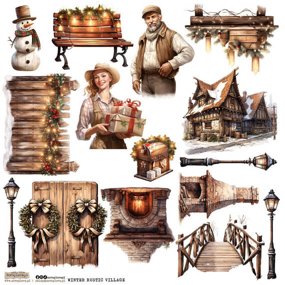 Naklejki papierowe - ScrapLove - Winter Rustic Village 1 kominek ławka płotek latarenki