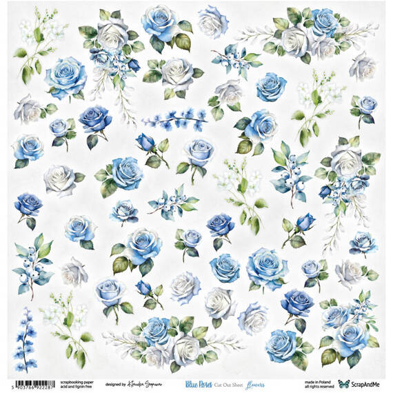 Papier do scrapbookingu 30x30 - ScrapAndMe - Blue Roses - Flowers - arkusz do wycinania