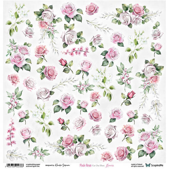 Papier do scrapbookingu 30x30 - ScrapAndMe - Pink Roses - Flowers - arkusz do wycinania