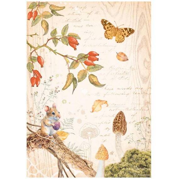 Papier ryżowy A4 - Stamperia - Woodland motylek i myszka