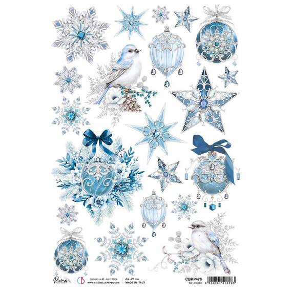 Papier ryżowy do decoupage A4 - Ciao Bella -  Elegance of Blue - Ice Jewels ozdobne bombki gwiazdki