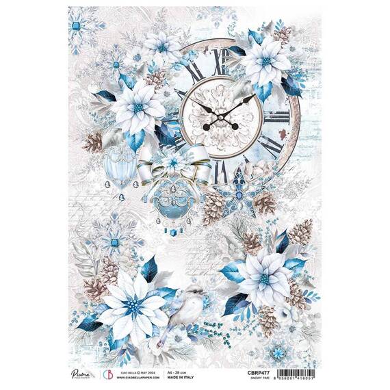 Papier ryżowy do decoupage A4 - Ciao Bella - Elegance of Blue - Snow time zegar poinsecje