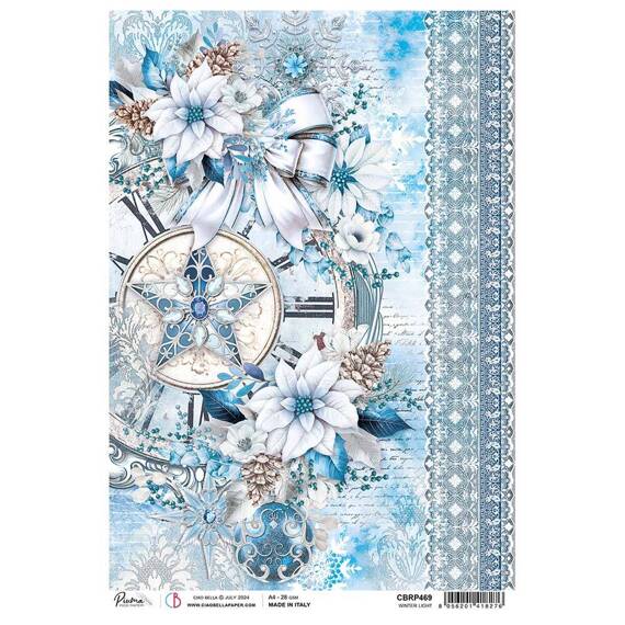 Papier ryżowy do decoupage A4 - Ciao Bella - Elegance of Blue - Winter Light białe poinsecje zegar