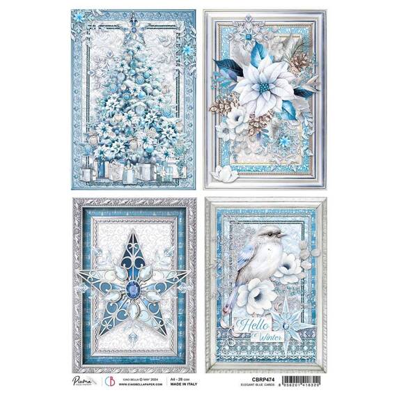 Papier ryżowy do decoupage A4 - Ciao Bella - Elegant blue cards choinka poinsecja ptaszek