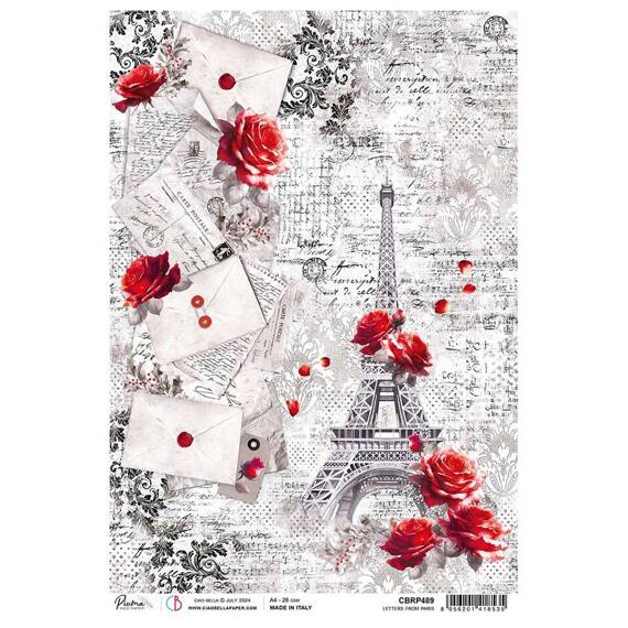 Papier ryżowy do decoupage A4 - Ciao Bella - Letters from Paris Paryż wieża Eiffla róże