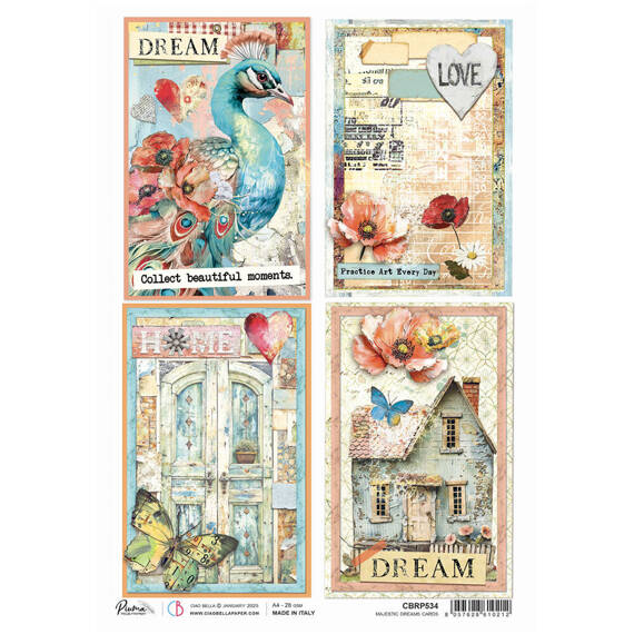 Papier ryżowy do decoupage A4 - Ciao Bella - Majestic Dream cards - paw, serce, drzwi, dom