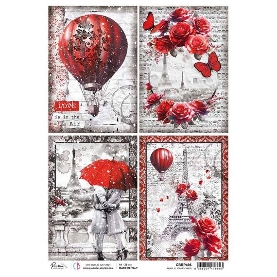 Papier ryżowy do decoupage A4 - Ciao Bella - Paris Je T'aime Cards balon wieża Eiffla zakochani