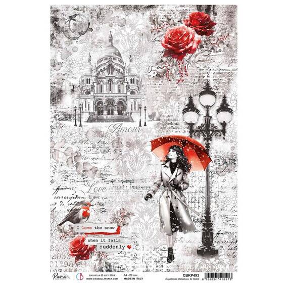 Papier ryżowy do decoupage A4 - Ciao Bella - Paris Je t'aime - Charming snowfall in Paris dziewczyna z parasolem