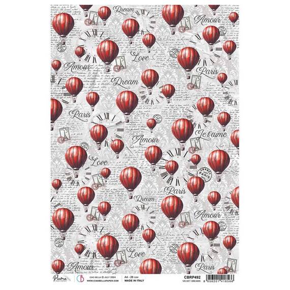 Papier ryżowy do decoupage A4 - Ciao Bella - Paris Je t'aime - Velvet dreams balony zegary