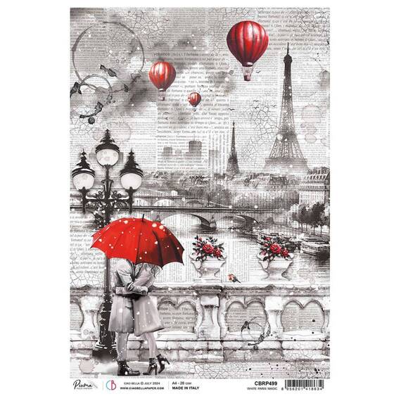 Papier ryżowy do decoupage A4 - Ciao Bella - Paris Je t'aime - White magic Paris zakochani pod parasolem