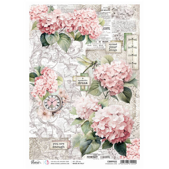 Papier ryżowy do decoupage A4 - Ciao Bella - Timeless Moment Hydrangea land - hortensje, ważka