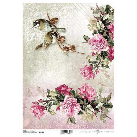 Papier ryżowy do decoupage A4 ITD-R1318 ptaszki na gałązce róże