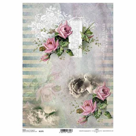 Papier ryżowy do decoupage A4 ITD-R1375 róże vintage portrety