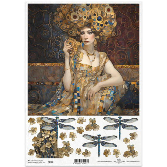 Papier ryżowy do decoupage A4 ITD-R2408 kobieta, ważki, motywy secesyjne -Inspired by Klimt