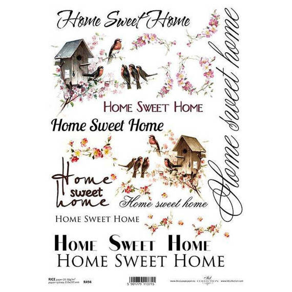 Papier ryżowy do decoupage A4 ITD-R494 Home sweet home ptaki