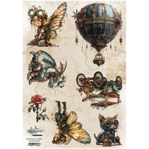 Papier ryżowy do decoupage A4 - Steampunk balon kot smok wróżka  Ballon Katze Drache Fee