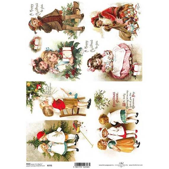 Papier ryżowy do decoupage ITD-R0775 Boże Narodzenie, dzieci, prezenty, Mikołaj