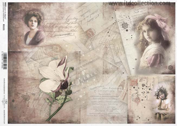 Papier ryżowy do decoupage ITD-R1121 - A4 list, kartka pocztowa, fotografia, zdjęcia, retro, vintage, kwiat