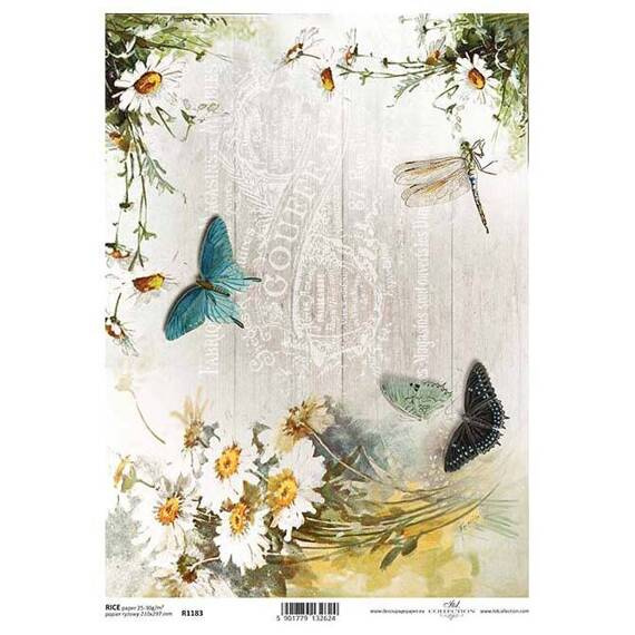 Papier ryżowy do decoupage ITD-R1183 / motyl ważka kwiaty