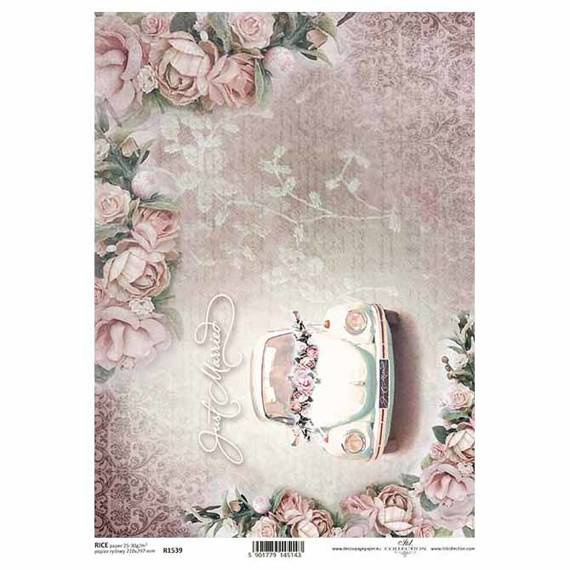 Papier ryżowy do decoupage ITD-R1539 - A4 tro, kwiaty, róże, samochód do ślubu, napis Just Married, ornamenty roślinne