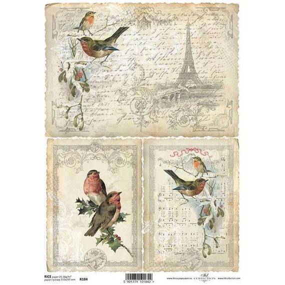 Papier ryżowy do decoupage ITD-R184 ptaki jemioła ostrokrzew