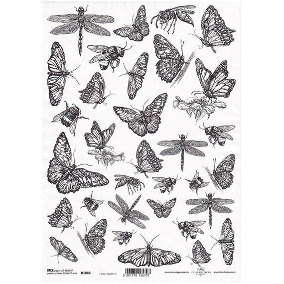 Papier ryżowy do decoupage ITD-R1886 motyle, ważki, owady