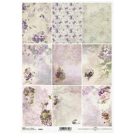 Papier ryżowy do decoupage ITD-R2051 kwiaty, fiołki, bukieciki, tła, pismo