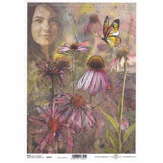 Papier ryżowy do decoupage ITD-R2071 twarz kobiety, echinacea, jeżówka