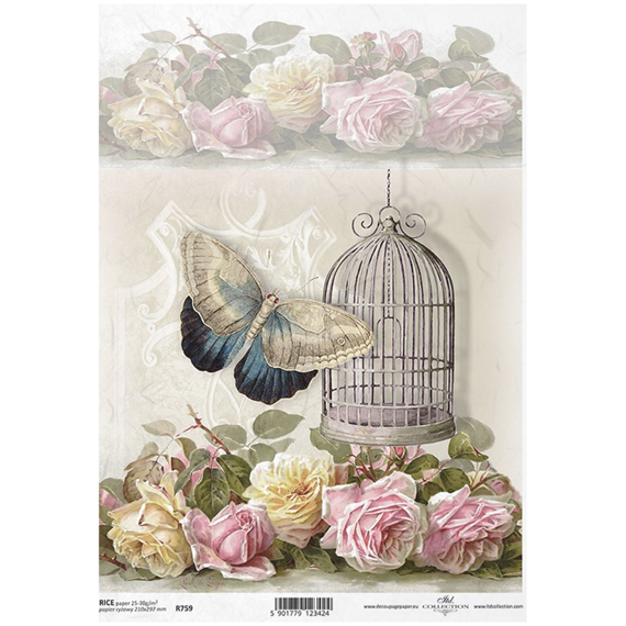 Papier ryżowy do decoupage ITD-R759 - A4 klatka, motyl, róże