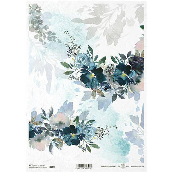 Papier ryżowy do decoupage, Niebieskie kwiaty ITD-R1730 - A4 