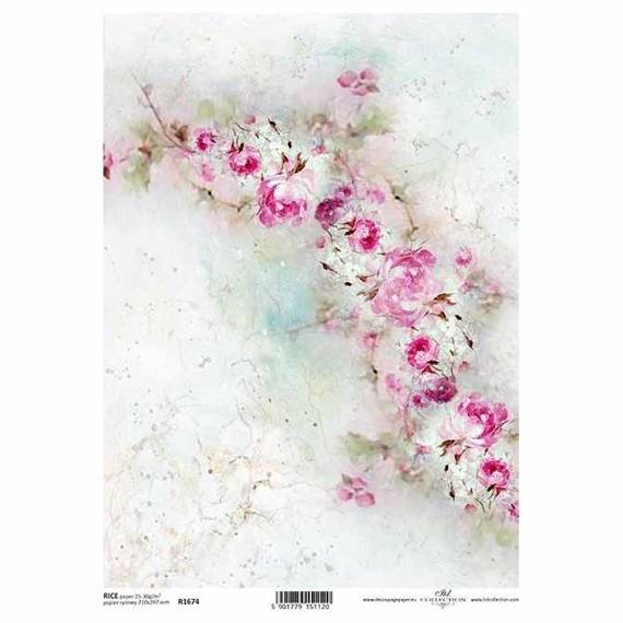 Papier ryżowy do decoupage Shabby Chic, tło, akwarela, pastelowe róże ITD-R1674 - A4 
