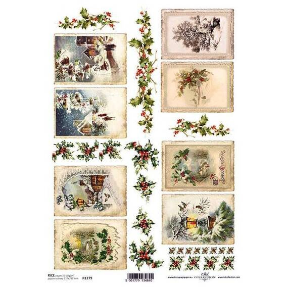 Papier ryżowy do decoupage, ostrokrzew, Boże Narodzenie ITD-R1279