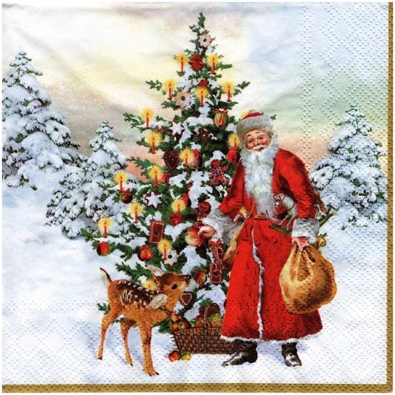 Serwetka 33x33cm - Annual Christmas Santa Mikołaj choinka