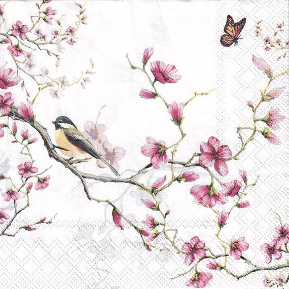 Serwetka 33x33cm - Bird & Blossom White ptaszek na gałązce jabłoni