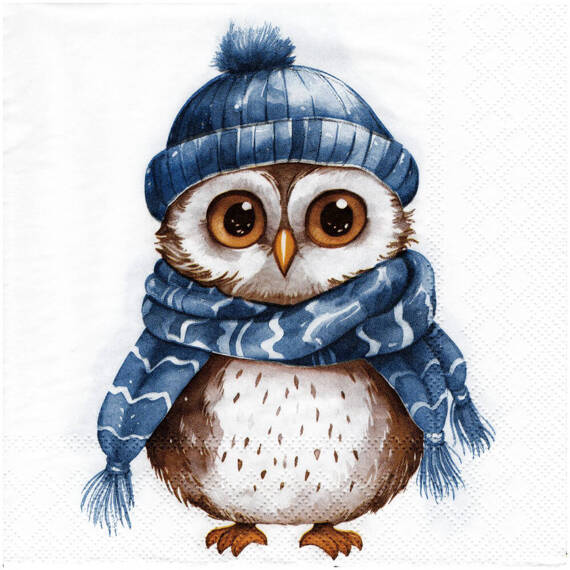 Serwetka 33x33cm - Blue winter owl zimowa sowa