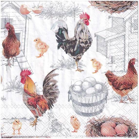 Serwetka 33x33cm - Chicken Farm koguty kurczaki